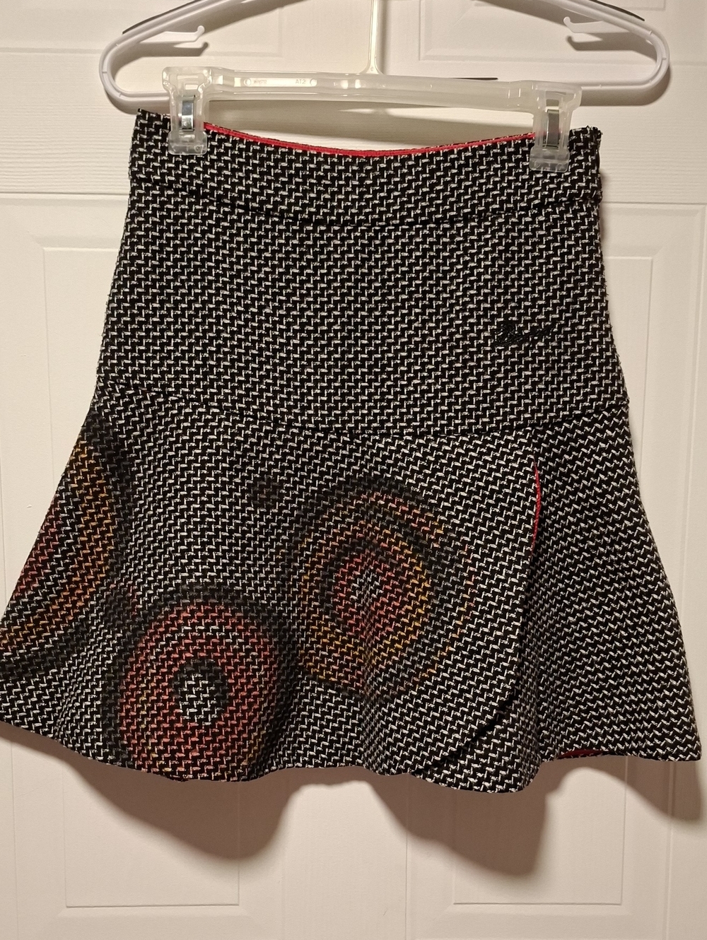 Desigual Black and White Circle-Print Skater Skirt with Red Trim
